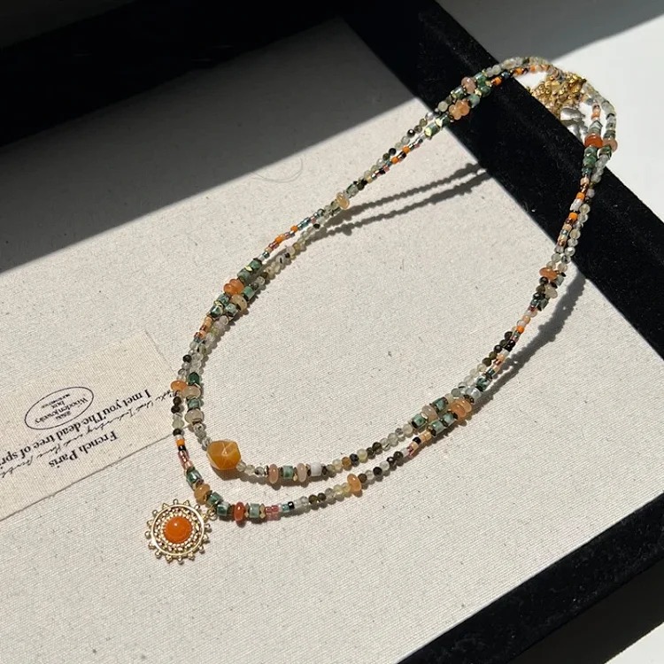 The sun makes smoke~Colorful beaded sun pendant necklace for women with light luxury niche style stacked clavicle chain
