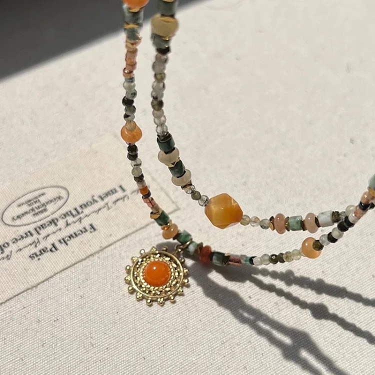 The sun makes smoke~Colorful beaded sun pendant necklace for women with light luxury niche style stacked clavicle chain