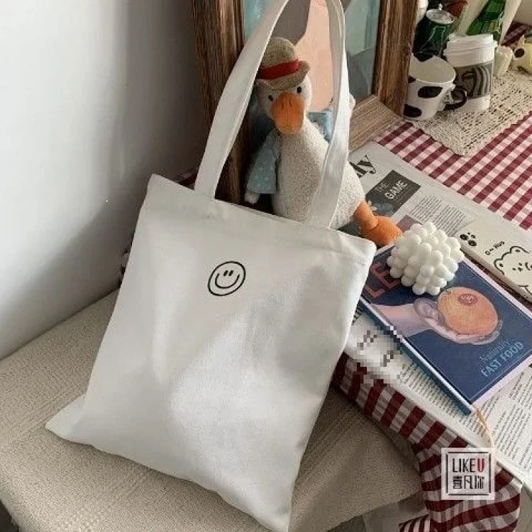 Original zipper smiley ins simple shoulder bag cotton canvas large capacity Korean casual literary student book XF