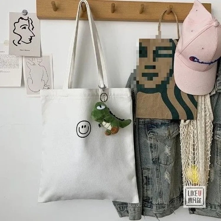 Original zipper smiley ins simple shoulder bag cotton canvas large capacity Korean casual literary student book XF