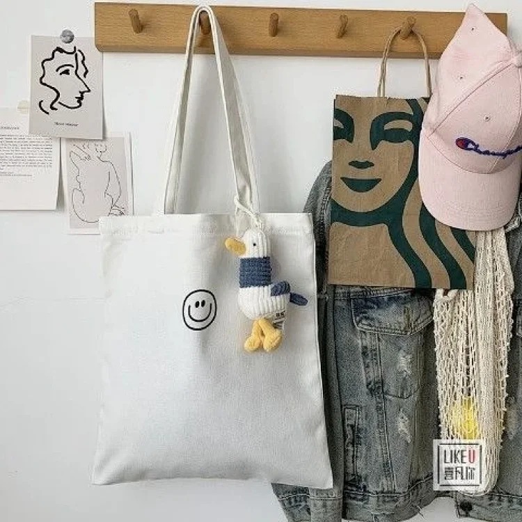 Original zipper smiley ins simple shoulder bag cotton canvas large capacity Korean casual literary student book XF