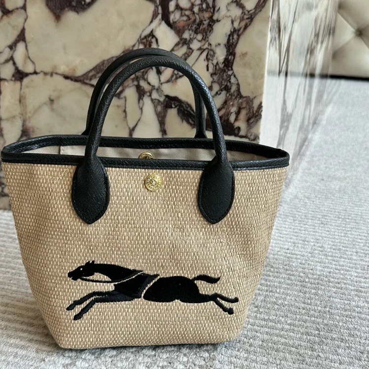 Dragon inlaid new style woven tote bag vegetable basket large capacity beach bag handbag contrasting color image 2