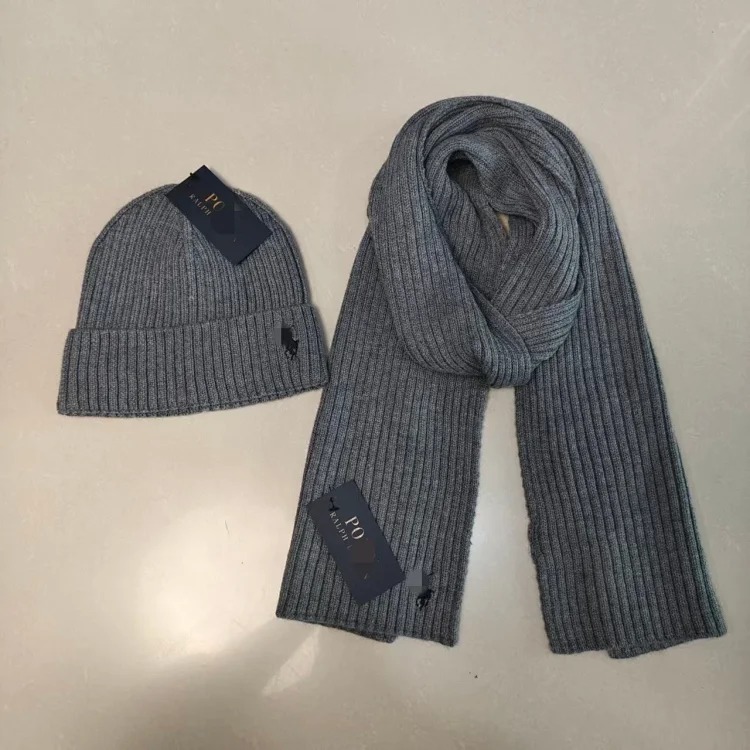 Knitted hat scarf black and white gray classic sports couple style