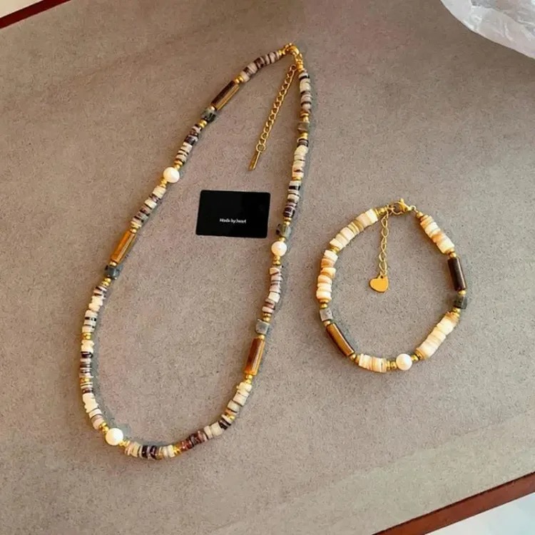 Freshwater Pearl Mixed Color Shell Bead Necklace Women's Fashion Maillard Tiger Eye Stone Niche Temperament Internet Celebrity Clavicle Chain