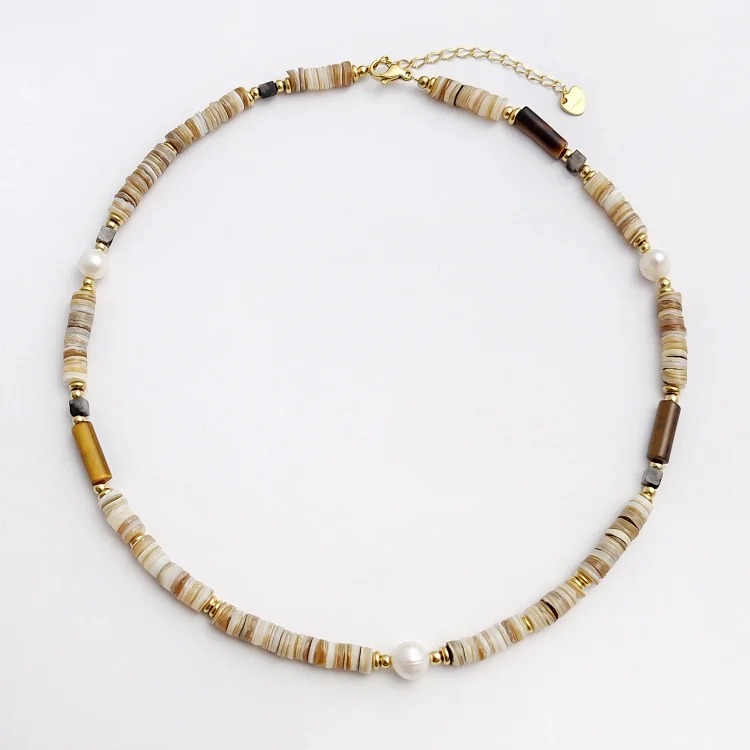 Freshwater Pearl Mixed Color Shell Bead Necklace Women's Fashion Maillard Tiger Eye Stone Niche Temperament Internet Celebrity Clavicle Chain