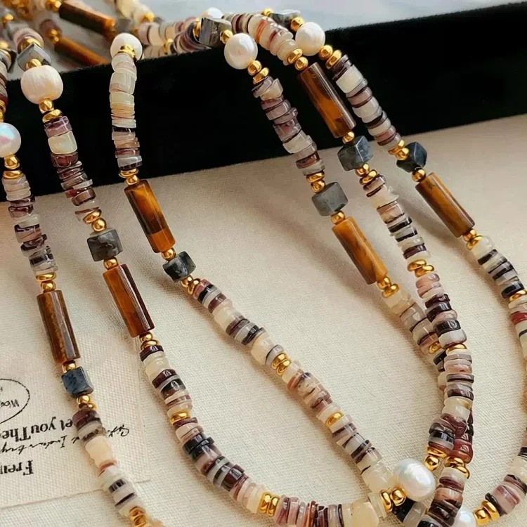Freshwater Pearl Mixed Color Shell Bead Necklace Women's Fashion Maillard Tiger Eye Stone Niche Temperament Internet Celebrity Clavicle Chain