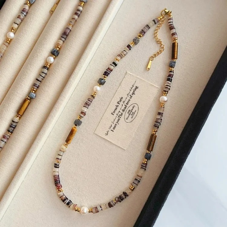 Freshwater Pearl Mixed Color Shell Bead Necklace Women's Fashion Maillard Tiger Eye Stone Niche Temperament Internet Celebrity Clavicle Chain