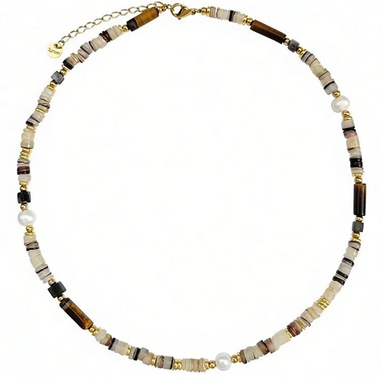 Freshwater Pearl Mixed Color Shell Bead Necklace Women's Fashion Maillard Tiger Eye Stone Niche Temperament Internet Celebrity Clavicle Chain