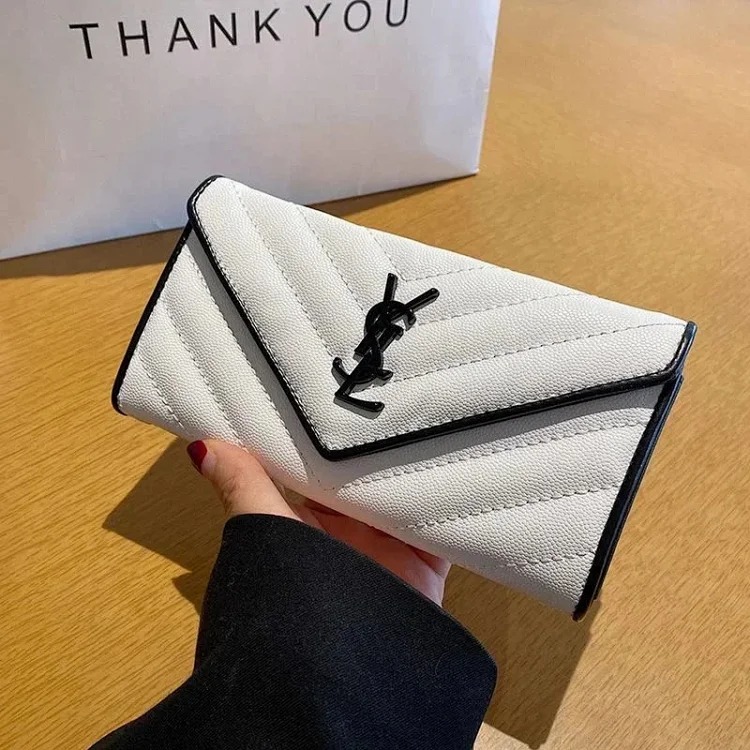 Long wallet for women with folding buckle solid color light luxury niche design fashionable handheld large capacity multi-card slot mobile phone bag