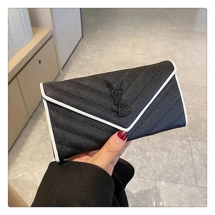 Long wallet for women with folding buckle solid color light luxury niche design fashionable handheld large capacity multi-card slot mobile phone bag