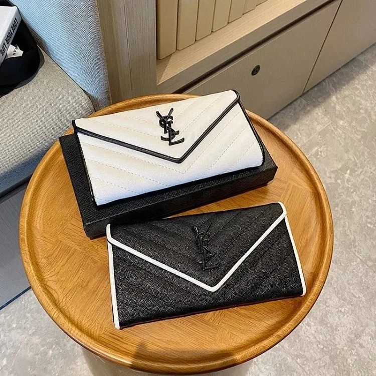 Long wallet for women with folding buckle solid color light luxury niche design fashionable handheld large capacity multi-card slot mobile phone bag