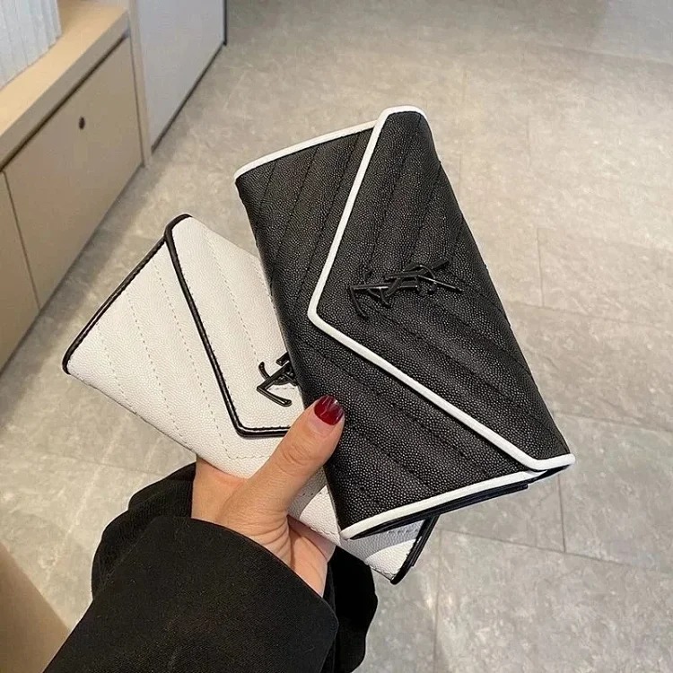 Long wallet for women with folding buckle solid color light luxury niche design fashionable handheld large capacity multi-card slot mobile phone bag