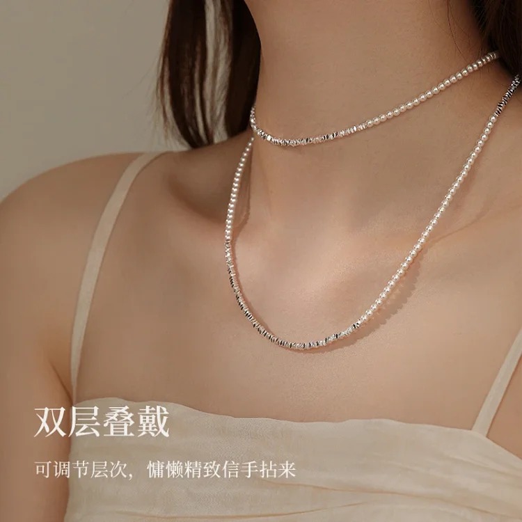 Explosive broken silver pearl necklace double layer stacked light luxury niche millet bead necklace long sweater chain for women