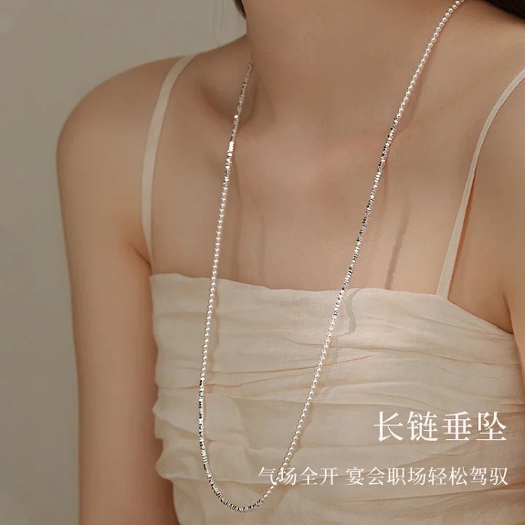 Explosive broken silver pearl necklace double layer stacked light luxury niche millet bead necklace long sweater chain for women