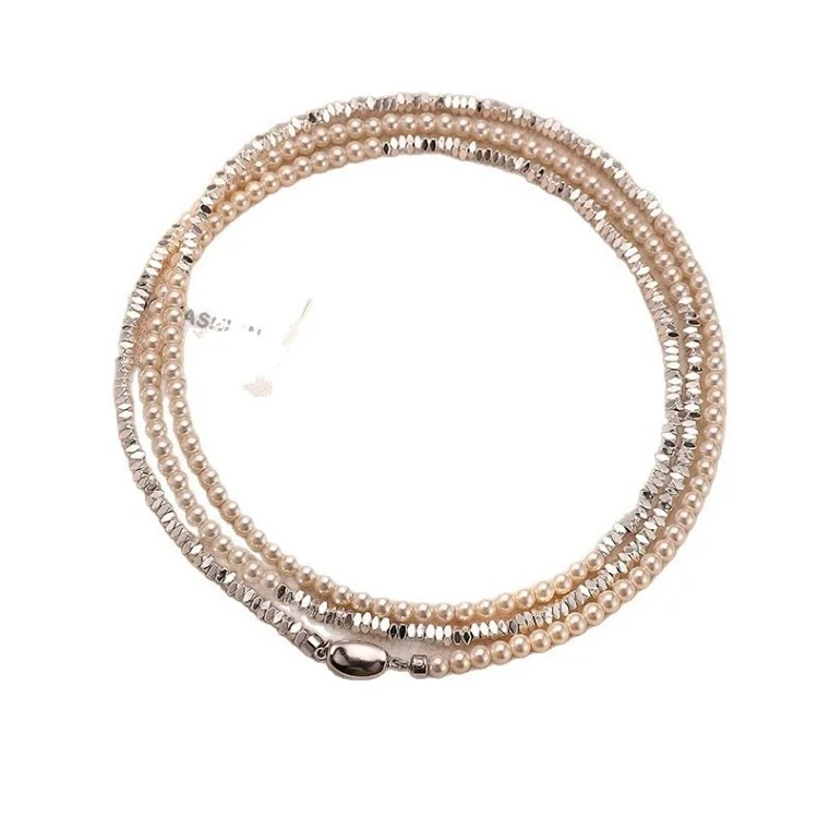 Explosive broken silver pearl necklace double layer stacked light luxury niche millet bead necklace long sweater chain for women