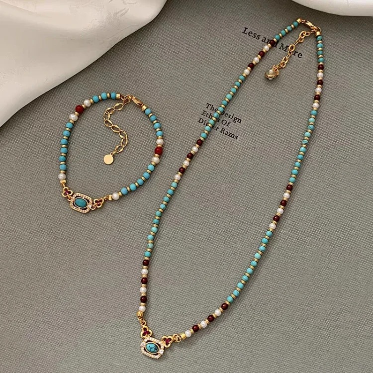 Turquoise Red Agate Shijia Pearl Bead Necklace Feminine Internet Celebrity Light Luxury New Chinese Style National Style Clavicle Necklace