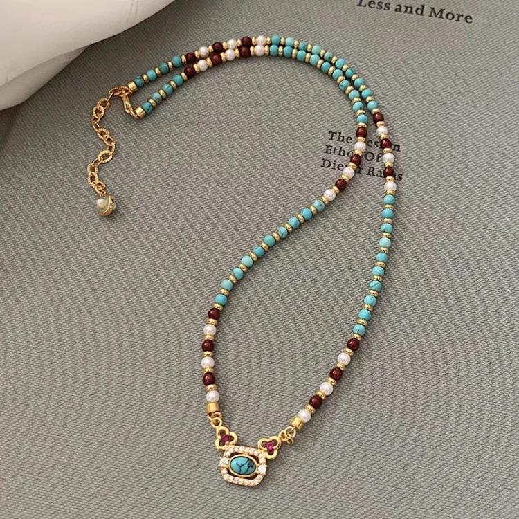 Turquoise Red Agate Shijia Pearl Bead Necklace Feminine Internet Celebrity Light Luxury New Chinese Style National Style Clavicle Necklace image 2