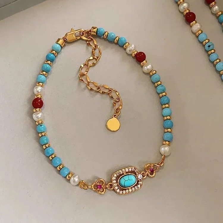 Turquoise Red Agate Shijia Pearl Bead Necklace Feminine Internet Celebrity Light Luxury New Chinese Style National Style Clavicle Necklace image 3