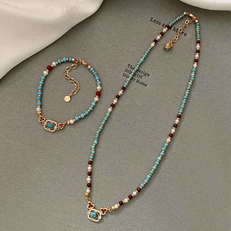 Turquoise Red Agate Shijia Pearl Bead Necklace Feminine Internet Celebrity Light Luxury New Chinese Style National Style Clavicle Necklace image 4