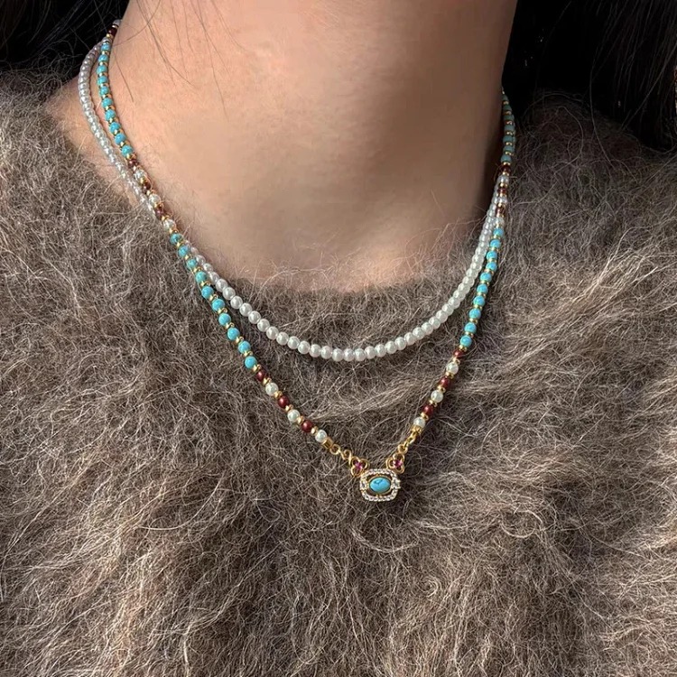Turquoise Red Agate Shijia Pearl Bead Necklace Feminine Internet Celebrity Light Luxury New Chinese Style National Style Clavicle Necklace image 6