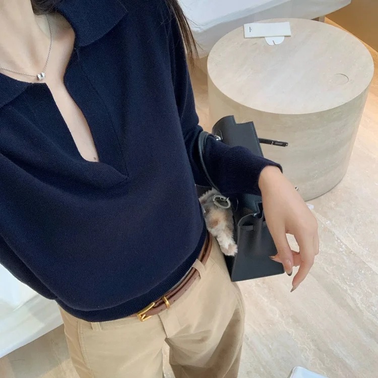 Lin12-Gao Zhidanren Sweater Old Money Style Polo Neck Women's Lazy Casual V Neck Long Sleeve Top