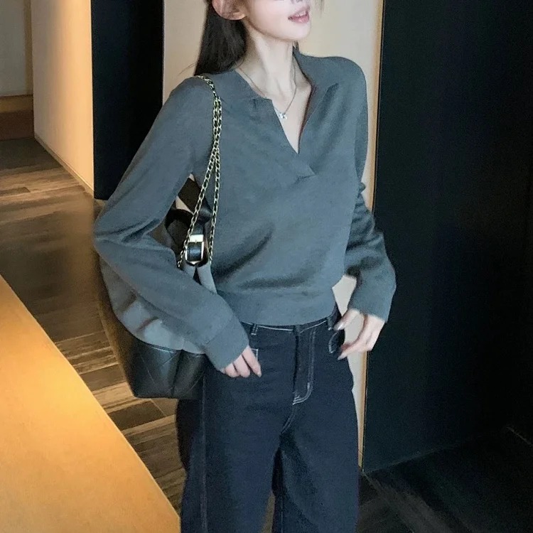 Lin12-Gao Zhidanren Sweater Old Money Style Polo Neck Women's Lazy Casual V Neck Long Sleeve Top