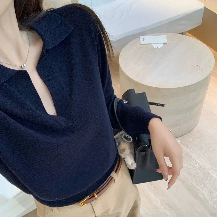 Lin12-Gao Zhidanren Sweater Old Money Style Polo Neck Women's Lazy Casual V Neck Long Sleeve Top