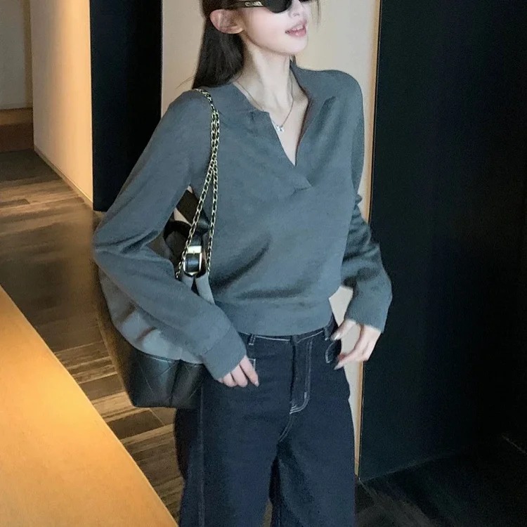 Lin12-Gao Zhidanren Sweater Old Money Style Polo Neck Women's Lazy Casual V Neck Long Sleeve Top