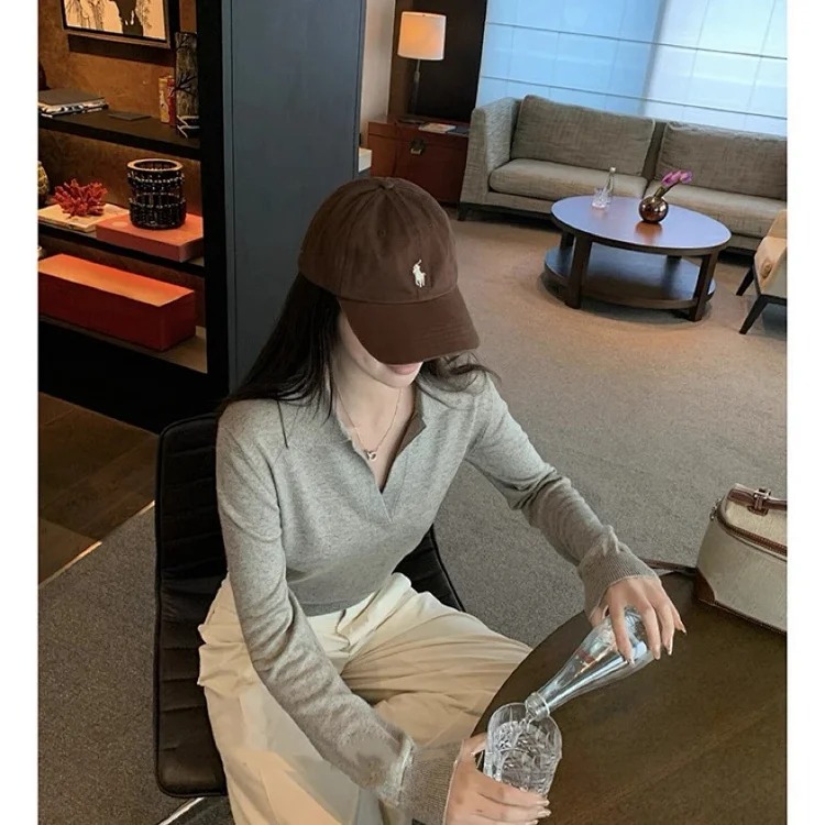 Lin12-Gao Zhidanren Sweater Old Money Style Polo Neck Women's Lazy Casual V Neck Long Sleeve Top