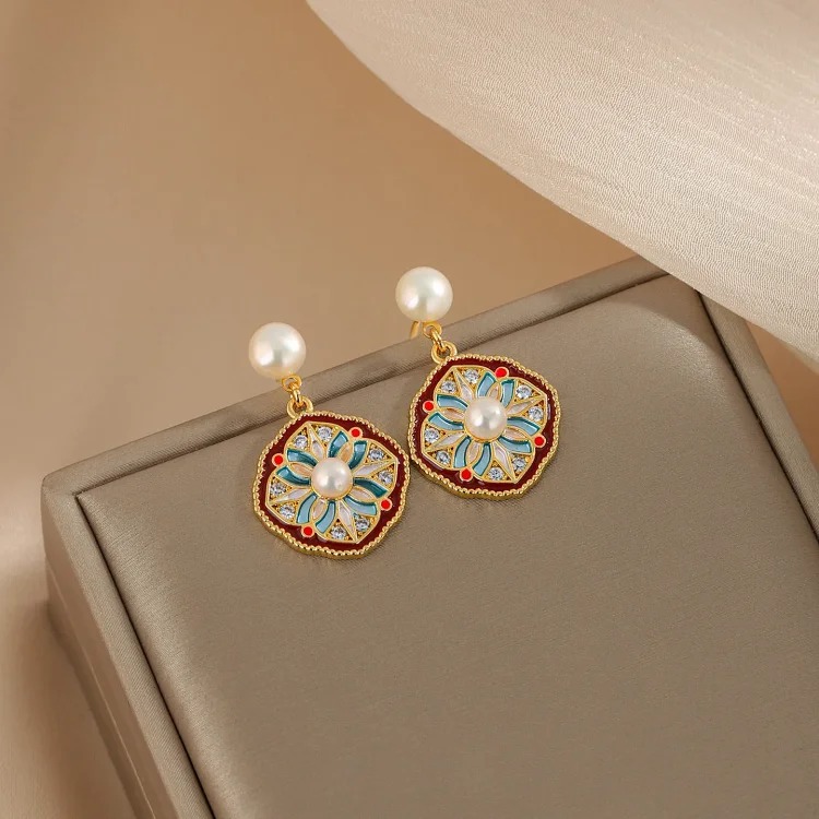 Natural pearl earrings for women retro palace Chinese style enamel geometric flower earrings earrings S925 silver needle earrings