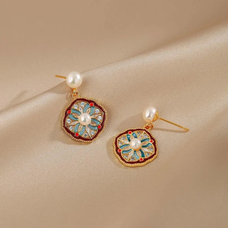 Natural pearl earrings for women retro palace Chinese style enamel geometric flower earrings earrings S925 silver needle earrings