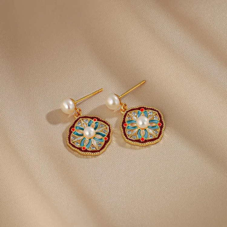 Natural pearl earrings for women retro palace Chinese style enamel geometric flower earrings earrings S925 silver needle earrings