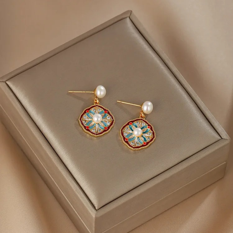 Natural pearl earrings for women retro palace Chinese style enamel geometric flower earrings earrings S925 silver needle earrings