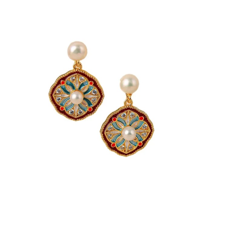 Natural pearl earrings for women retro palace Chinese style enamel geometric flower earrings earrings S925 silver needle earrings