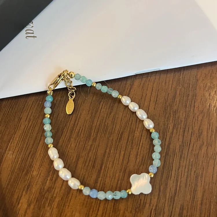 Aquamarine natural stone mother-of-pearl clover necklace temperament freshwater pearl shell blue and green beaded small fresh necklace