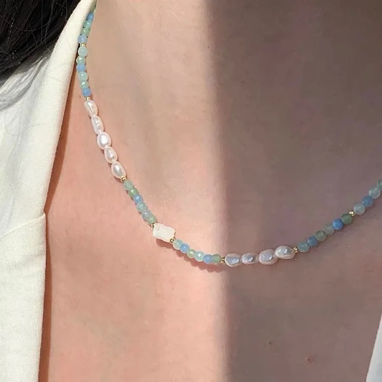 Aquamarine natural stone mother-of-pearl clover necklace temperament freshwater pearl shell blue and green beaded small fresh necklace