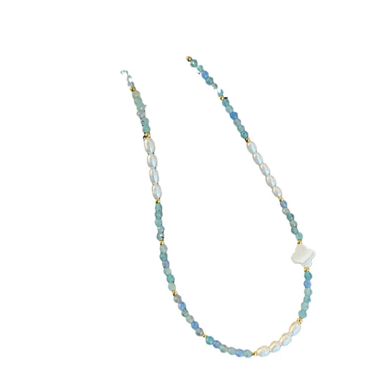 Aquamarine natural stone mother-of-pearl clover necklace temperament freshwater pearl shell blue and green beaded small fresh necklace