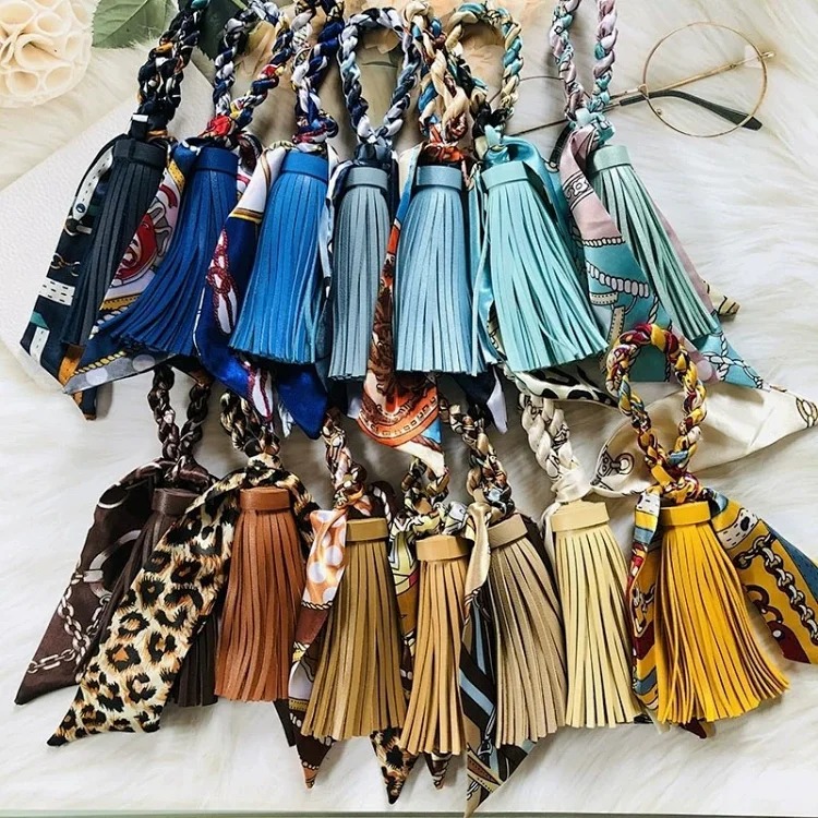 H family fashion silk scarf tassel pendant PU rainbow tassel satin streamer versatile bag pendant car keychain for women