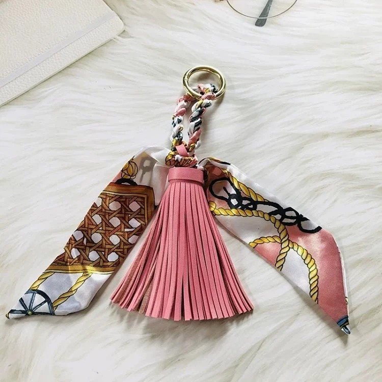 H family fashion silk scarf tassel pendant PU rainbow tassel satin streamer versatile bag pendant car keychain for women image 2