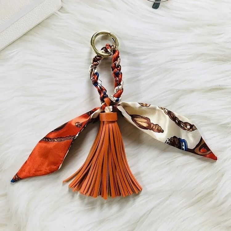 H family fashion silk scarf tassel pendant PU rainbow tassel satin streamer versatile bag pendant car keychain for women image 3