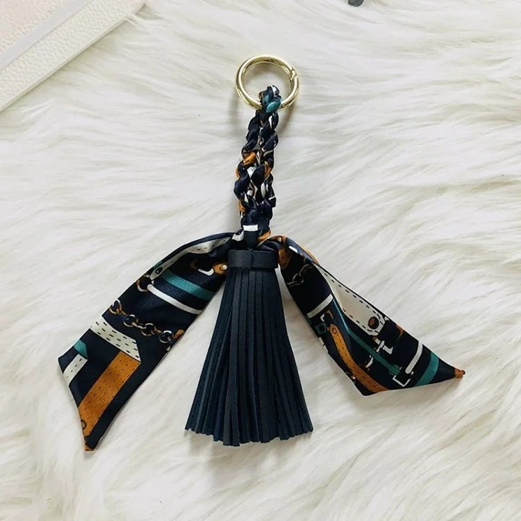 H family fashion silk scarf tassel pendant PU rainbow tassel satin streamer versatile bag pendant car keychain for women image 4