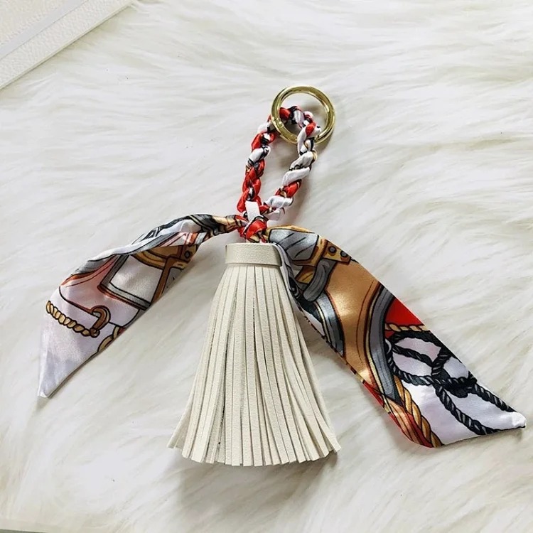 H family fashion silk scarf tassel pendant PU rainbow tassel satin streamer versatile bag pendant car keychain for women image 5