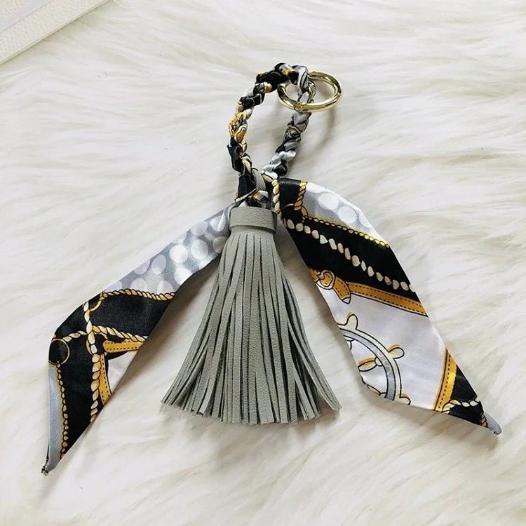 H family fashion silk scarf tassel pendant PU rainbow tassel satin streamer versatile bag pendant car keychain for women image 6