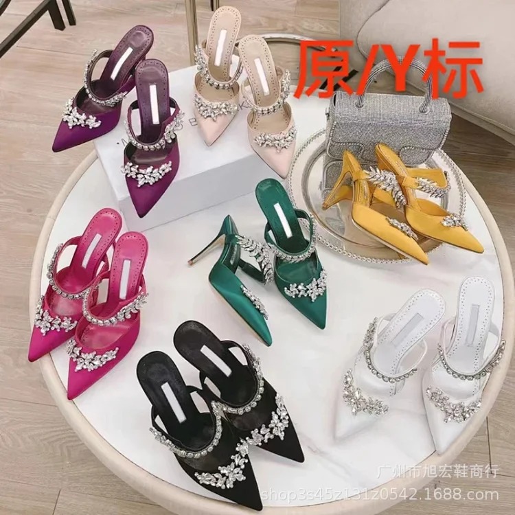 Rhinestone high-heeled shoes for women summer 2025 new fashion fairy style sexy Baotou back empty sandals stiletto heel Mule drag(pic1) Rhinestone high-heeled shoes for women summer 2025 new fashion fairy style sexy Baotou back empty sandals stiletto heel Mule drag