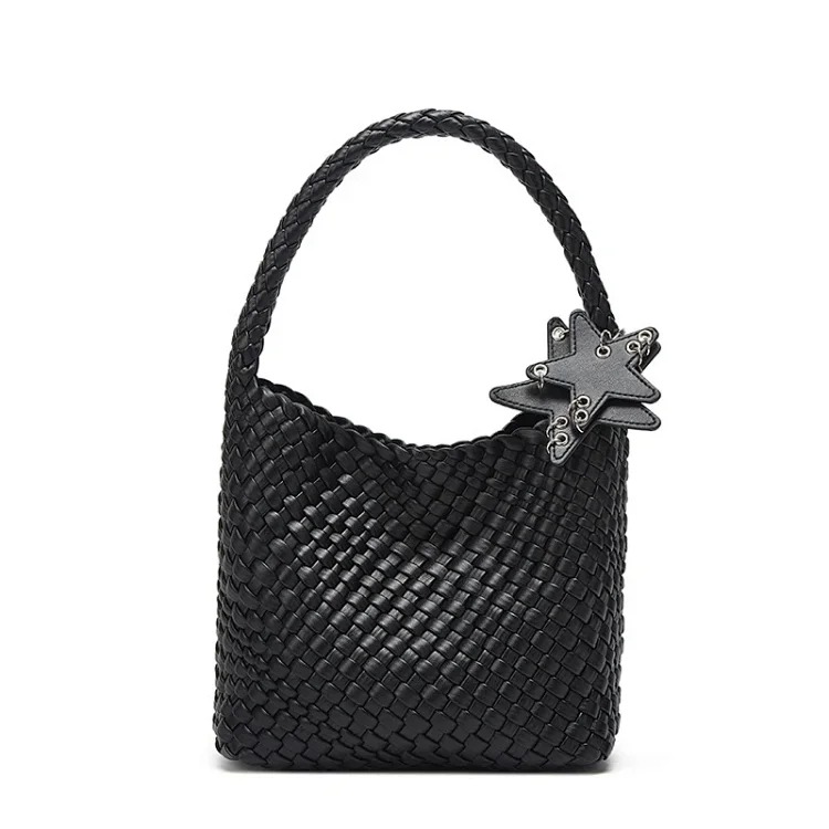 2025 new champagne color hand-woven tote bag large capacity high-end fashion portable shoulder bucket bag trendy image 2