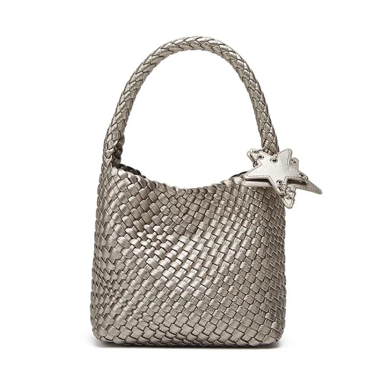 2025 new champagne color hand-woven tote bag large capacity high-end fashion portable shoulder bucket bag trendy image 4