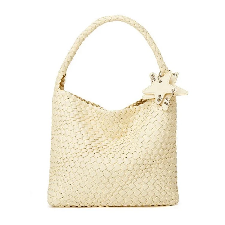 2025 new champagne color hand-woven tote bag large capacity high-end fashion portable shoulder bucket bag trendy image 5