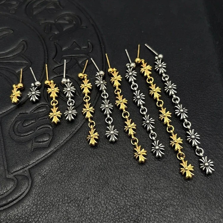 Trendy jewelry Thai silver cross flower tassel earrings collection earrings sterling silver needle exaggerated niche high-end sense