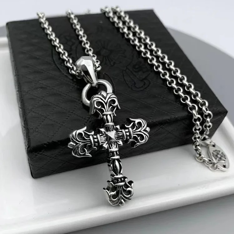 Crow Cross Necklace for Men and Women Cross Flame Pendant Sweater Chain European and American Retro Flame Necklace