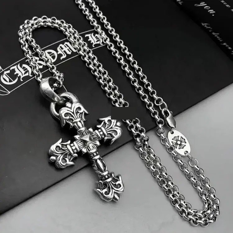 Crow Cross Necklace for Men and Women Cross Flame Pendant Sweater Chain European and American Retro Flame Necklace